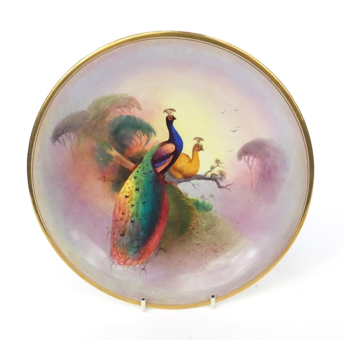 613 - Crown Devon plate hand painted with pheasants, signed W Stuart, factory marks to the base, 23cm diam... 