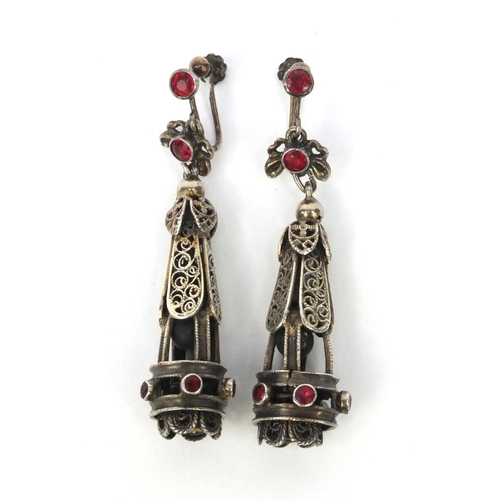 873 - Pair of antique Russian unmarked silver earrings, set with garnets, 6cm long, approximate weight 17.... 