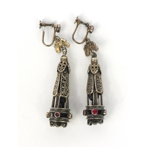 873 - Pair of antique Russian unmarked silver earrings, set with garnets, 6cm long, approximate weight 17.... 