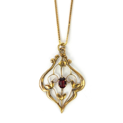 838 - Art Nouveau 9ct gold garnet pendant on a 9ct gold necklace, approximate weight 3.0g