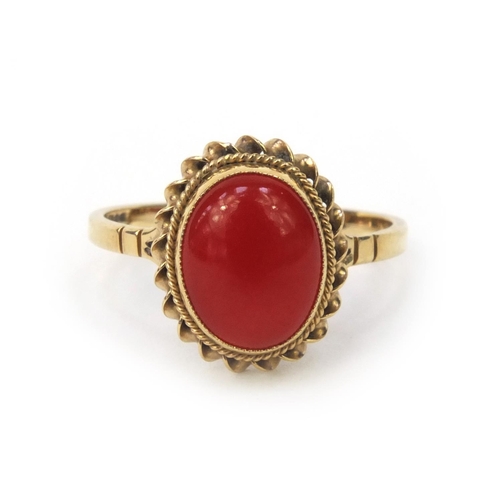 856 - 9ct gold cabochon hardstone ring, size O, approximate weight 2.0g