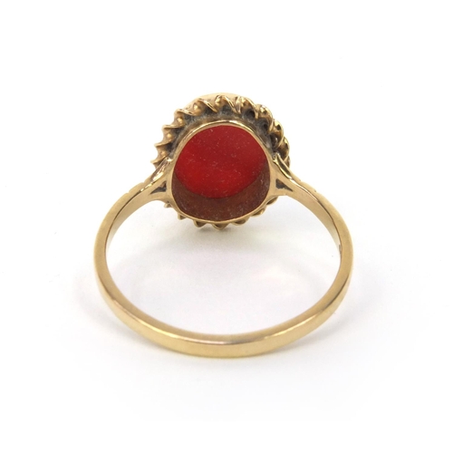 856 - 9ct gold cabochon hardstone ring, size O, approximate weight 2.0g