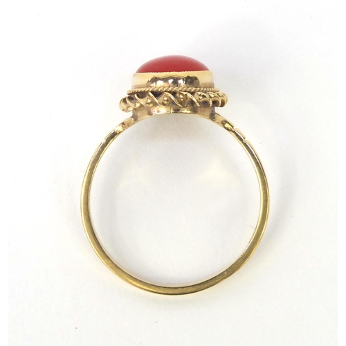 856 - 9ct gold cabochon hardstone ring, size O, approximate weight 2.0g