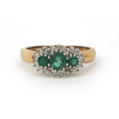 883 - 9ct gold emerald and diamond ring, size N, approximate weight 3.2g