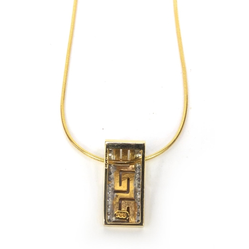 865 - 18ct gold Greek key diamond pendant on an 18ct gold necklace, approximate weight 7.6g