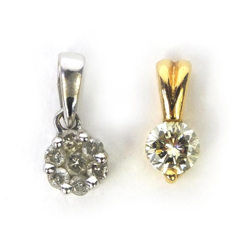 875 - 18ct gold ¼ carat diamond solitaire pendant and a 9ct white gold 0.44 carat diamond cluster pendant,... 