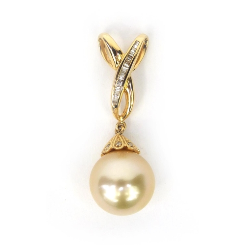 858 - 18ct gold pearl and diamond pendant, 3.5cm long, approximate weight 4.8g