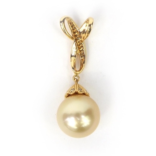 858 - 18ct gold pearl and diamond pendant, 3.5cm long, approximate weight 4.8g