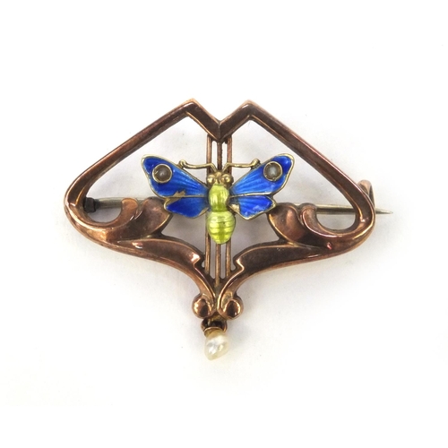 859 - Art Nouveau 9ct gold enamelled butterfly brooch set with seed pearls, 3cm long, approximate weight 2... 