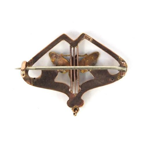 859 - Art Nouveau 9ct gold enamelled butterfly brooch set with seed pearls, 3cm long, approximate weight 2... 