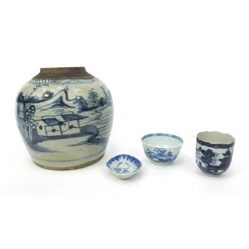 487 - Group of Chinese blue and white porcelain and stoneware including tea bowl, ginger jar, cup and a sp... 