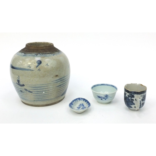 487 - Group of Chinese blue and white porcelain and stoneware including tea bowl, ginger jar, cup and a sp... 