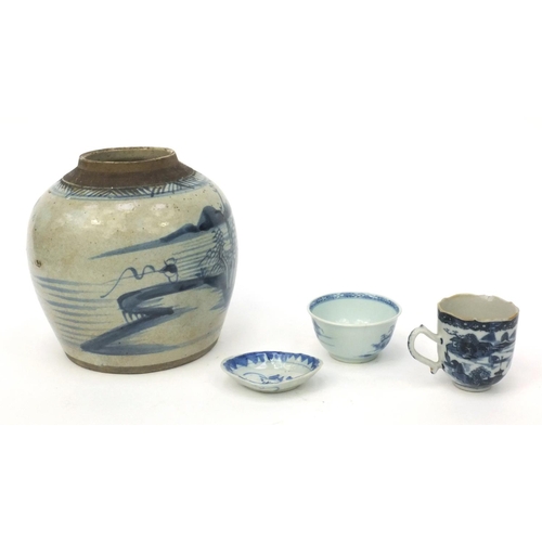 487 - Group of Chinese blue and white porcelain and stoneware including tea bowl, ginger jar, cup and a sp... 