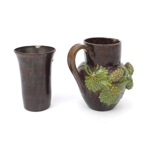 621 - Rye pottery hop patterned jug and vase, factory marks to the base, the jug 11cm high