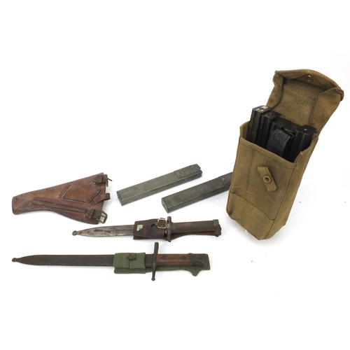 387 - Group of military interest items including a Italian bayonet and scabbard model 1891, Swedish 1896 p... 