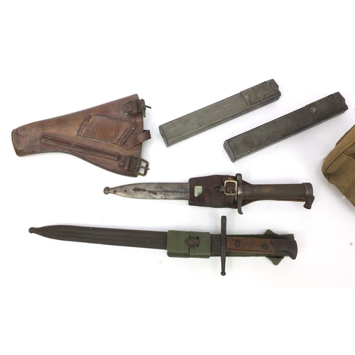 387 - Group of military interest items including a Italian bayonet and scabbard model 1891, Swedish 1896 p... 