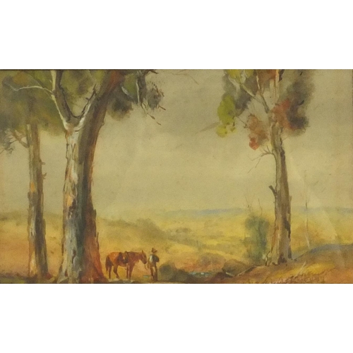 1016 - William Young - Australian watercolour view of man standing with a horse in a landscape setting, mou... 