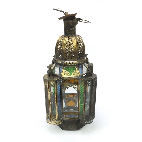 333 - Moroccan brass hanging lantern with pierced decoration and floral glass panels, 51cm high