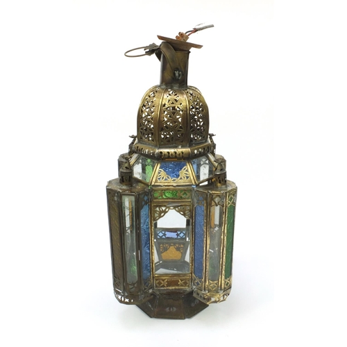 333 - Moroccan brass hanging lantern with pierced decoration and floral glass panels, 51cm high