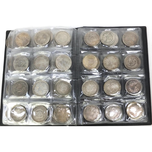 291 - Collection of Chinese coins including some silver 1 mace and 4.4 Candareens examples arranged in a w... 