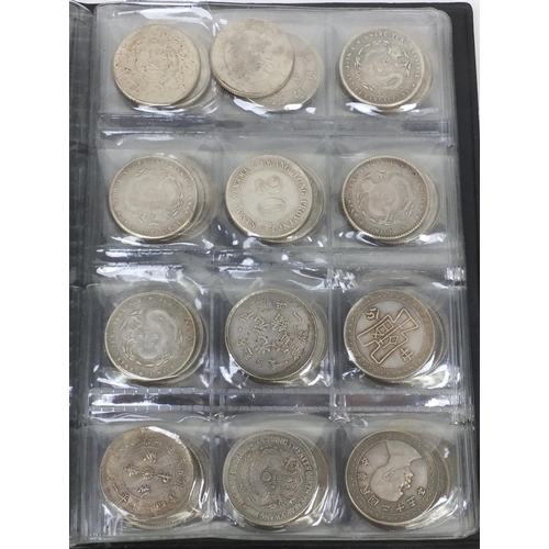 291 - Collection of Chinese coins including some silver 1 mace and 4.4 Candareens examples arranged in a w... 