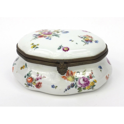 591 - Continental porcelain box with hinged lid hand painted with flowers and foliage, cross sword marks t... 