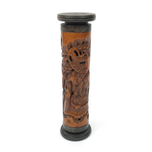 554 - Chinese bamboo cricket cage carved with elders amongst trees, character marks to the side, 23cm high