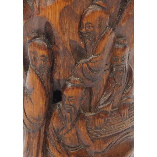 554 - Chinese bamboo cricket cage carved with elders amongst trees, character marks to the side, 23cm high