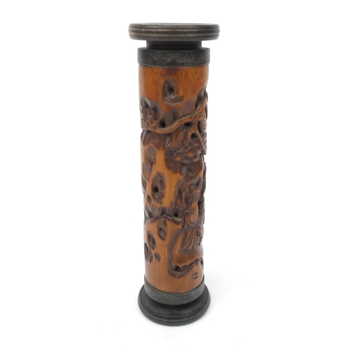 554 - Chinese bamboo cricket cage carved with elders amongst trees, character marks to the side, 23cm high