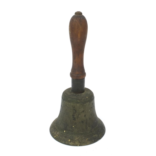 391 - British Military interest ARP bell with turned wooden handle, marked Fiddian, 27cm high