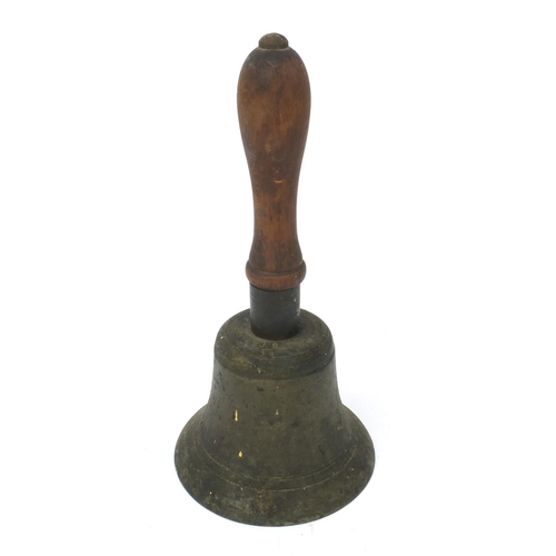 391 - British Military interest ARP bell with turned wooden handle, marked Fiddian, 27cm high