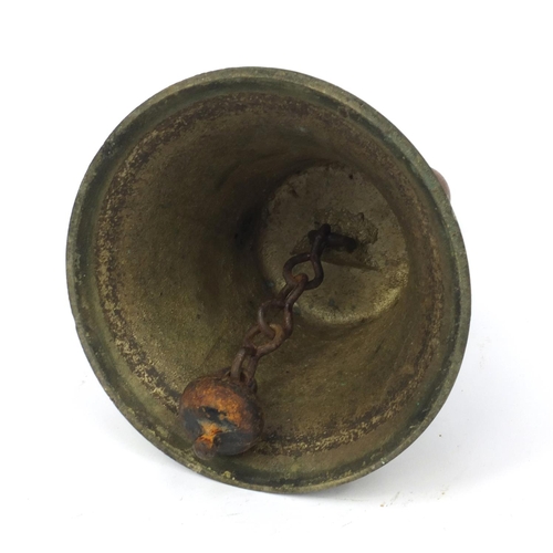 391 - British Military interest ARP bell with turned wooden handle, marked Fiddian, 27cm high