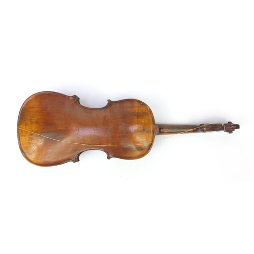 349 - Two old wooden violins, one with figural scroll and Gaspard duiffo Praggard label, the other with an... 