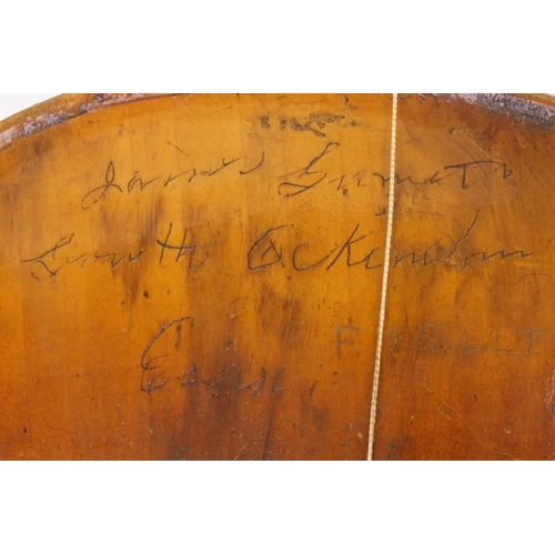 349 - Two old wooden violins, one with figural scroll and Gaspard duiffo Praggard label, the other with an... 