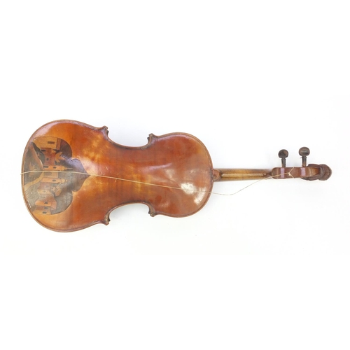 349 - Two old wooden violins, one with figural scroll and Gaspard duiffo Praggard label, the other with an... 