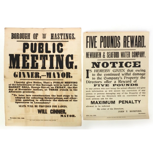 251 - Two antique letter press billboard posters comprising a Newhaven and Seaford water company offering ... 