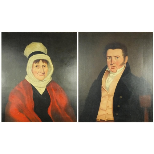 931 - Pair of Georgian oil onto canvas portraits, one of a seated gentleman and one of a seated lady weari... 