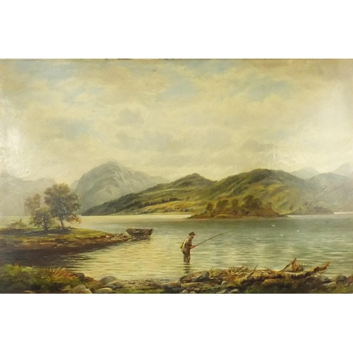 949 - John Burgess - Oil onto board view of a man fishing in an Irish landscape setting, gilt framed, insc... 