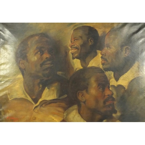 947 - 19th century French school oil onto canvas view of four black figures, bearing a signature F Simons,... 