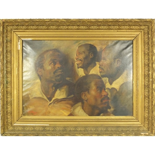 947 - 19th century French school oil onto canvas view of four black figures, bearing a signature F Simons,... 