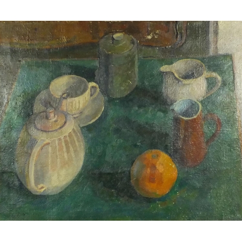 1003 - 1930's oil onto canvas view of still life, framed and bearing a signature Ele Bas, inscription to th... 