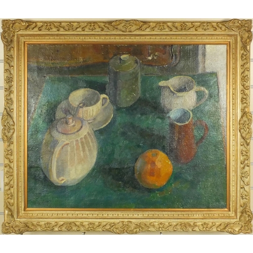 1003 - 1930's oil onto canvas view of still life, framed and bearing a signature Ele Bas, inscription to th... 