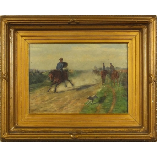 976 - Victorian oil onto canvas view of huntsmen on horsebacks, bearing a monogram, inscription to the rev... 