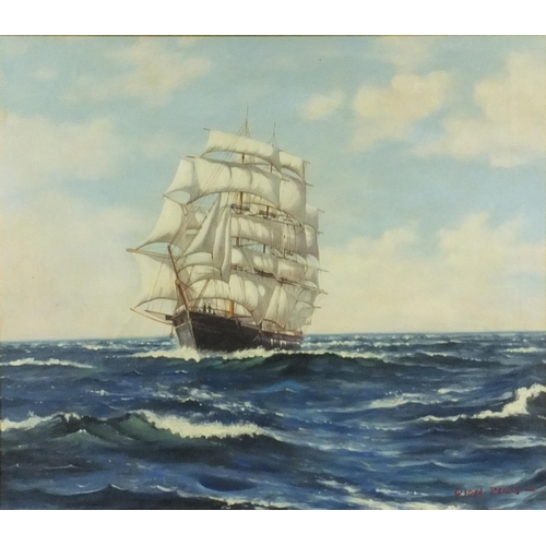 945 - Dion Pears - Oil onto board view of rigged sailing ship, mounted and gilt framed, 49cm x 43cm exclud... 