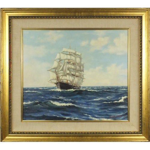 945 - Dion Pears - Oil onto board view of rigged sailing ship, mounted and gilt framed, 49cm x 43cm exclud... 