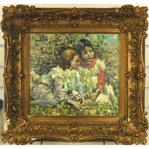 940 - Scottish style impressionist oil onto board view of two seated girls, bearing a monogram H, ornately... 