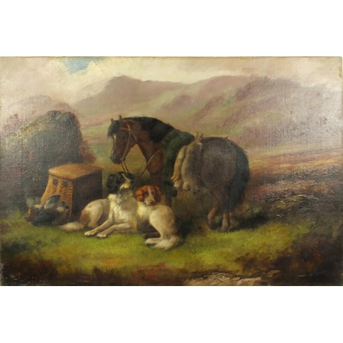 941 - Robert Cleminson - Unframed oil onto canvas view of the gamekeepers pony and hounds, inscription to ... 