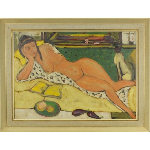 951 - Oil onto board view of a reclining nude female with her cat, bearing an indistinct signature to the ... 