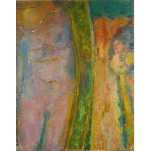 1018 - Unframed oil onto canvas abstract composition of a nude female, bearing an indistinct signature R.Ph... 