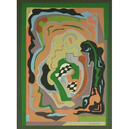 1026 - Unframed gouache onto board abstract composition, bearing a signature M.Jellett, mounted onto board,... 